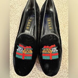 Zalo Black Velvet Holiday Loafers w/ Embroidered Dog & Cat Slip-On Flats Shoes